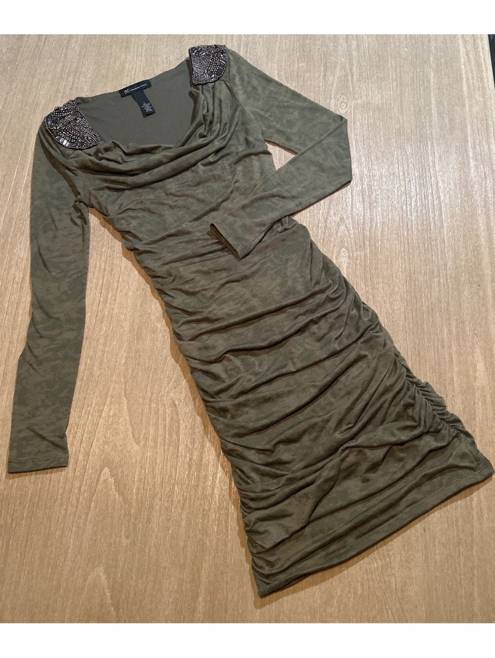 INC International Concepts Ruched Camo Dress Beaded Shoulder Small